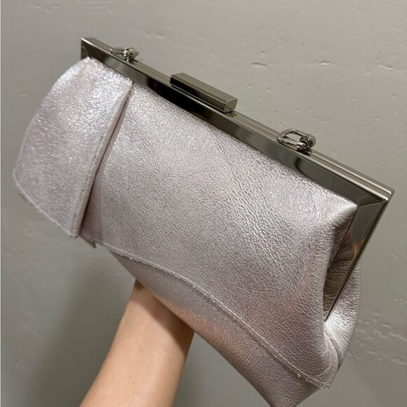 Metallic Pink Leather Handmade Asymmetrical Ruffles, Push Lock Clutch/Crossbody - Picture 12 of 14